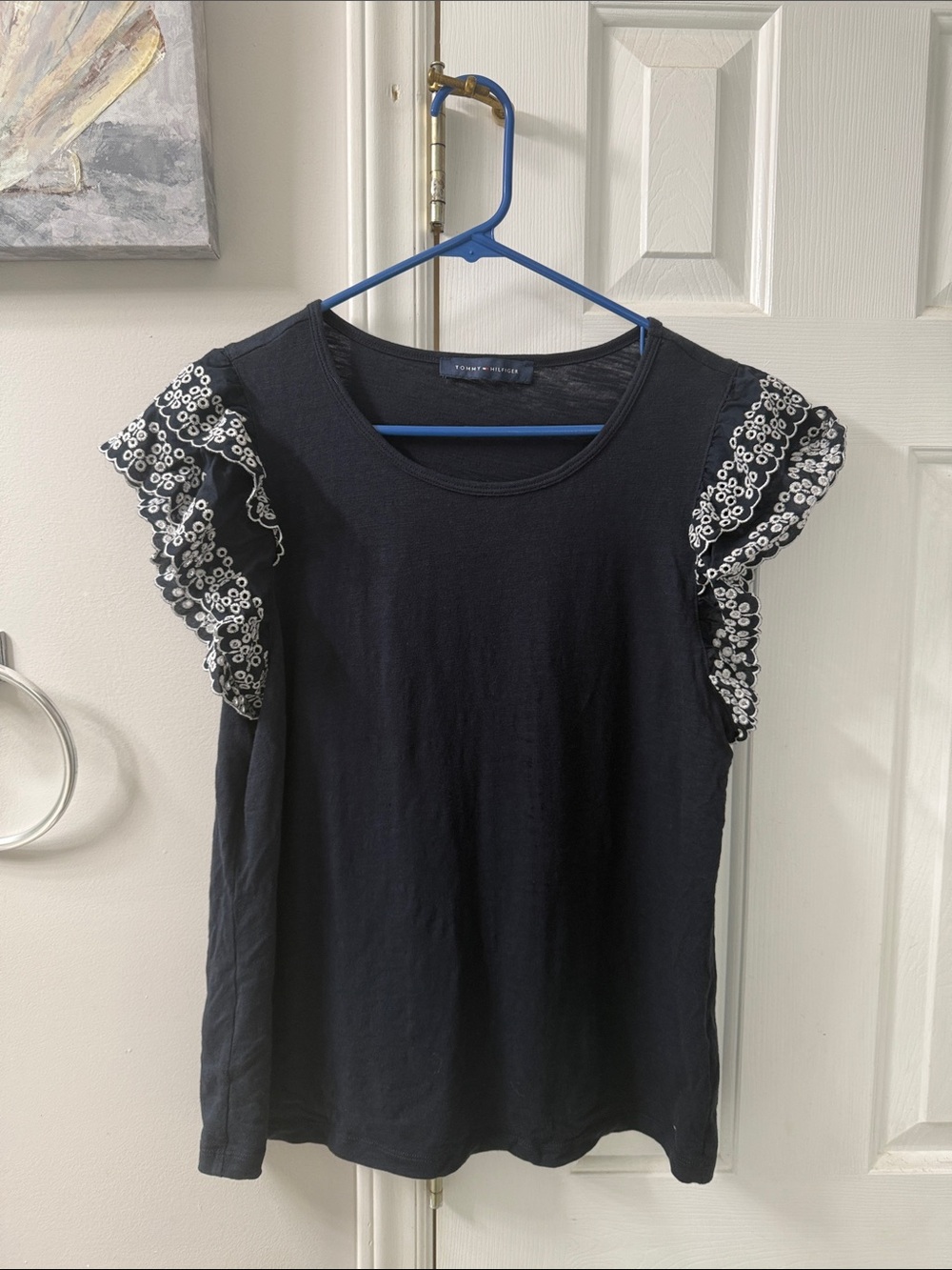 Tommy Hilfiger Black Tank Top with White Eyelet Ruffle Sleeves